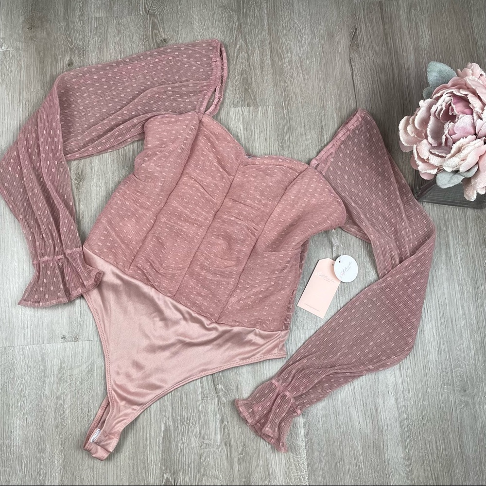 NWT BLASHE Thong Bodysuit Blush Pink Sheer Sleeves Top Rouge
